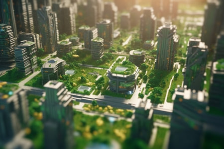 This concept art showcases a futuristic city where nature and modern architecture coexist in perfect harmony. High-rises and greenery blend together to create a sustainable and inviting urban environment.の素材