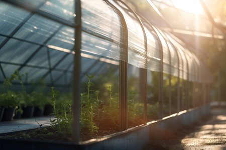 Immerse yourself in the beauty of nature with this stunning greenhouse filled with lush green plants basking in warm sunlight.の素材