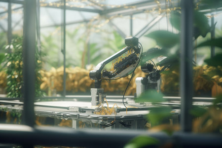 In a futuristic greenhouse, the robots are the workforce of the future. Here, they work tirelessly and with precision to ensure that every plant thrives in its ideal conditions.の素材