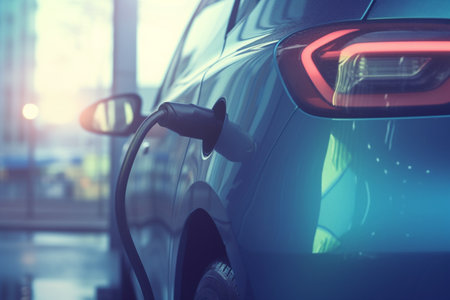Illustration of an electric car being charged at a charging station with a cableの素材
