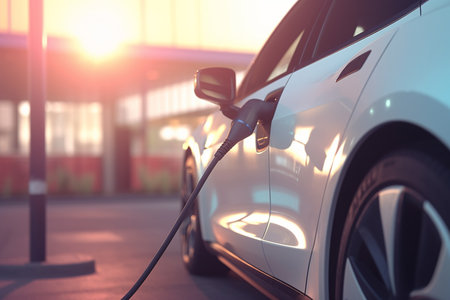 Illustration of an electric car being charged at a charging station with a cableの素材