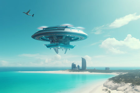 Experience the future of living with flying cities and spaceships powered by AI technology, providing new opportunities for human settlement and exploration.の素材