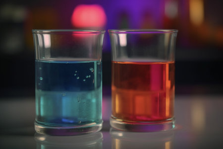 Vibrant 3D graphic illustrating the chemical process of acid-base neutralization in a laboratory beakerの素材