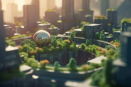 This concept art showcases a futuristic city where nature and modern architecture coexist in perfect harmony. High-rises and greenery blend together to create a sustainable and inviting urban environment.の素材