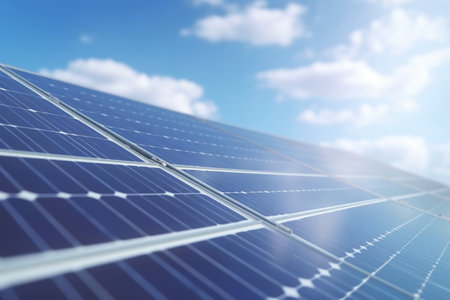 A view of solar panels installed on a rooftop against a blue sky with clouds in the backgroundの素材