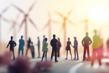 Diverse team working together to create sustainable energy solutions with wind turbines in the backgroundの素材