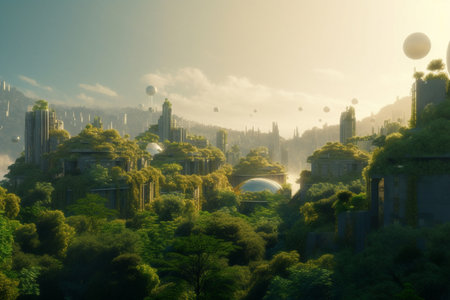 This concept art showcases a futuristic city where nature and modern architecture coexist in perfect harmony. High-rises and greenery blend together to create a sustainable and inviting urban environment.の素材