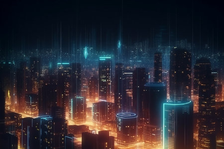 A futuristic city powered by the buildings themselves. This concept image shows how energy generation and distribution can be integrated into urban architecture.の素材