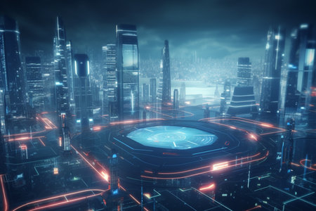A futuristic city powered by the buildings themselves. This concept image shows how energy generation and distribution can be integrated into urban architecture.の素材