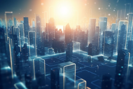 A futuristic city powered by the buildings themselves. This concept image shows how energy generation and distribution can be integrated into urban architecture.の素材