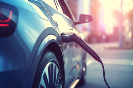 Illustration of an electric car being charged at a charging station with a cableの素材