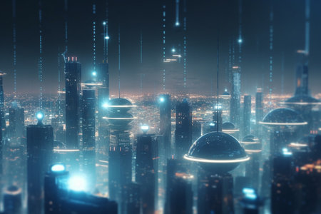 A futuristic city powered by the buildings themselves. This concept image shows how energy generation and distribution can be integrated into urban architecture.の素材