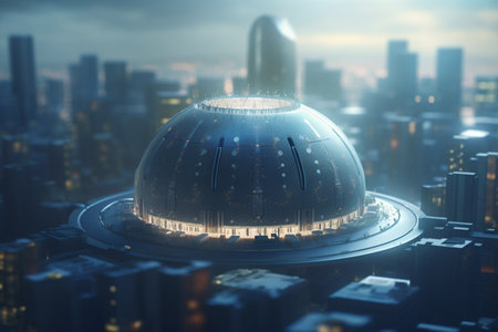 A futuristic metropolis enclosed within a massive glass dome, a city within a city, bustling with activity and innovation.の素材