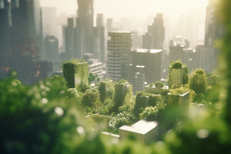 This concept art showcases a futuristic city where nature and modern architecture coexist in perfect harmony. High-rises and greenery blend together to create a sustainable and inviting urban environment.の素材