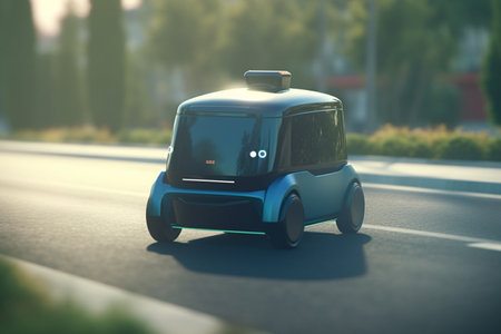 This concept illustration depicts an autonomous delivery van that is powered by artificial intelligence, showingcasing the future of automated delivery services.の素材