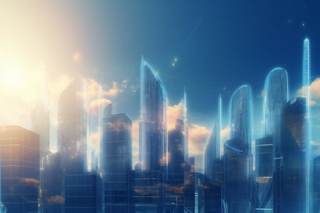A futuristic city powered by the buildings themselves. This concept image shows how energy generation and distribution can be integrated into urban architecture.の素材