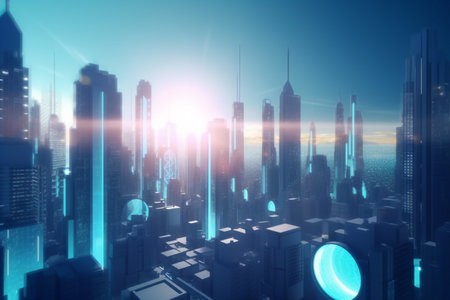 A futuristic city powered by the buildings themselves. This concept image shows how energy generation and distribution can be integrated into urban architecture.の素材