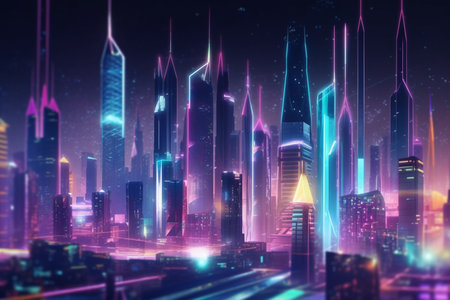 A stunning vision of a futuristic cityscape illuminated in shades of neon pink and purple, with towering skyscrapers reaching towards the night sky.の素材