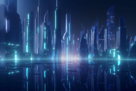 A futuristic city powered by the buildings themselves. This concept image shows how energy generation and distribution can be integrated into urban architecture.の素材