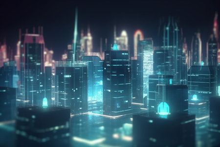 A futuristic city powered by the buildings themselves. This concept image shows how energy generation and distribution can be integrated into urban architecture.の素材