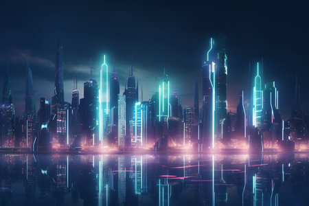 A futuristic city powered by the buildings themselves. This concept image shows how energy generation and distribution can be integrated into urban architecture.の素材
