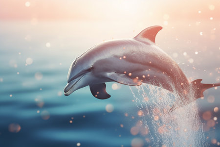 A majestic moment frozen in time, as a dolphin soars through the air above the wavesの素材