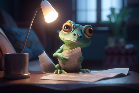 A photorealistic and humorous cartoon chameleon is sitting on a table and reading a newspaper, appearing to be in a relaxed state.の素材