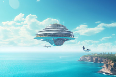 Experience the future of living with flying cities and spaceships powered by AI technology, providing new opportunities for human settlement and exploration.の素材
