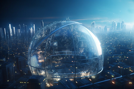 A futuristic metropolis enclosed within a massive glass dome, a city within a city, bustling with activity and innovation.の素材