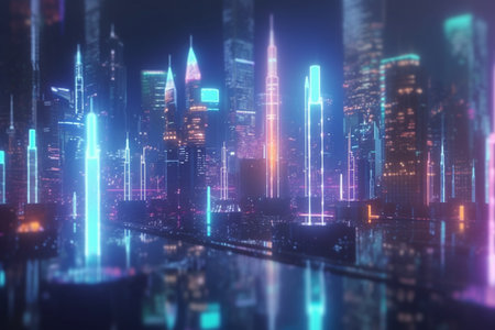 A stunning vision of a futuristic cityscape illuminated in shades of neon pink and purple, with towering skyscrapers reaching towards the night sky.の素材