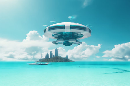 Experience the future of living with flying cities and spaceships powered by AI technology, providing new opportunities for human settlement and exploration.の素材