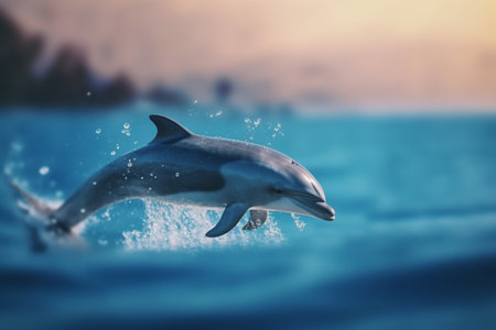 A majestic moment frozen in time, as a dolphin soars through the air above the wavesの素材