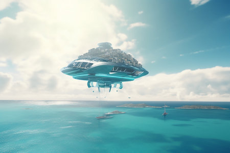 Experience the future of living with flying cities and spaceships powered by AI technology, providing new opportunities for human settlement and exploration.の素材