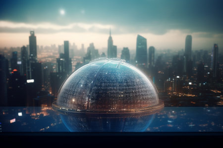 A futuristic metropolis enclosed within a massive glass dome, a city within a city, bustling with activity and innovation.の素材
