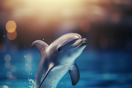 A majestic moment frozen in time, as a dolphin soars through the air above the wavesの素材