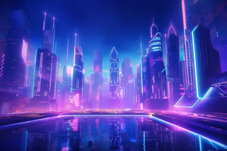 A stunning vision of a futuristic cityscape illuminated in shades of neon pink and purple, with towering skyscrapers reaching towards the night sky.の素材