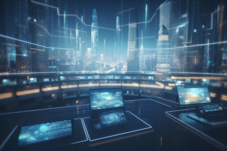 A futuristic city powered by the buildings themselves. This concept image shows how energy generation and distribution can be integrated into urban architecture.の素材