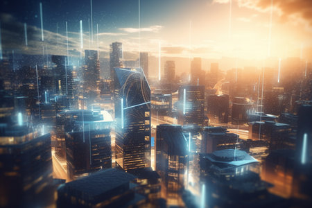 A futuristic city powered by the buildings themselves. This concept image shows how energy generation and distribution can be integrated into urban architecture.の素材