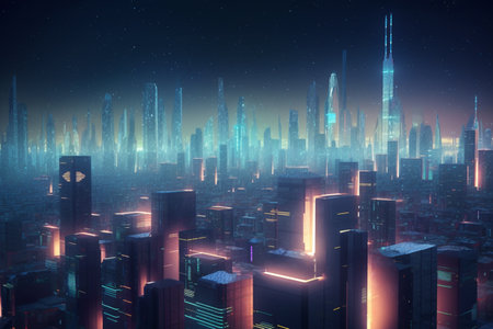 A futuristic city powered by the buildings themselves. This concept image shows how energy generation and distribution can be integrated into urban architecture.の素材