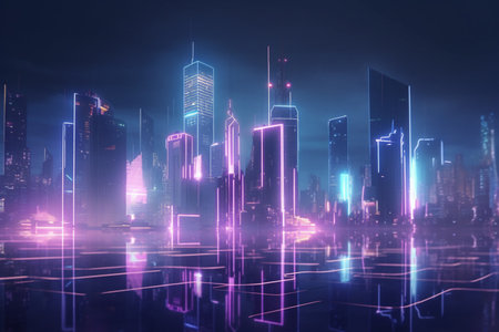 A stunning vision of a futuristic cityscape illuminated in shades of neon pink and purple, with towering skyscrapers reaching towards the night sky.の素材
