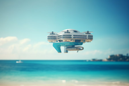 Experience the future of living with flying cities and spaceships powered by AI technology, providing new opportunities for human settlement and exploration.の素材