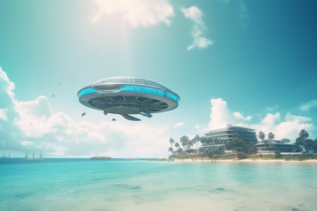 Experience the future of living with flying cities and spaceships powered by AI technology, providing new opportunities for human settlement and exploration.の素材