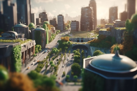 This concept art showcases a futuristic city where nature and modern architecture coexist in perfect harmony. High-rises and greenery blend together to create a sustainable and inviting urban environment.の素材