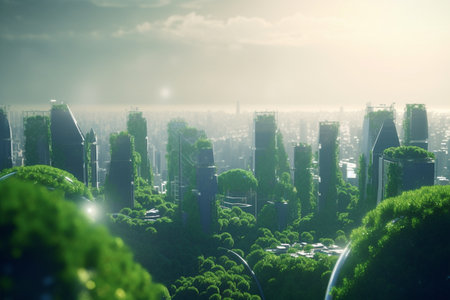 This concept art showcases a futuristic city where nature and modern architecture coexist in perfect harmony. High-rises and greenery blend together to create a sustainable and inviting urban environment.の素材