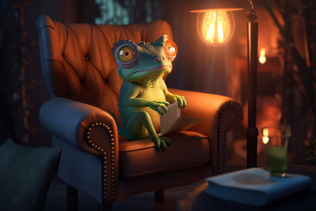 A photorealistic and humorous cartoon chameleon sits comfortably in a leather armchair, reading the newspaper.の素材