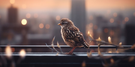 A wild bird perches on a fire escape as the sun sets over the urban skyline in the background.の素材