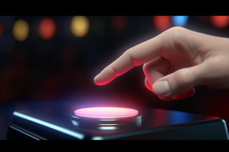 Intense moment as a contestant pushes the button on a game show buzzerの素材