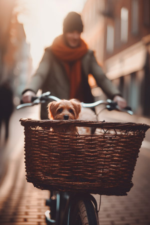 A small dog enjoying a ride through a busy city park on a bike basketの素材