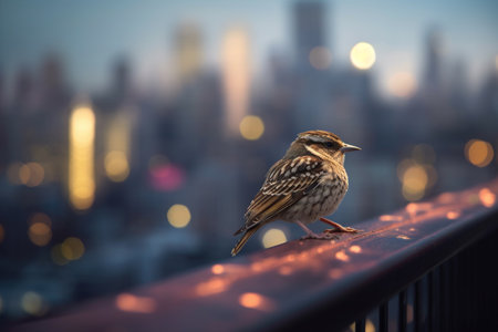 A wild bird perches on a fire escape as the sun sets over the urban skyline in the background.の素材