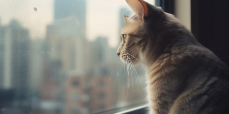 A cat sits at a window and looks out at the skyscrapers of a big cityの素材